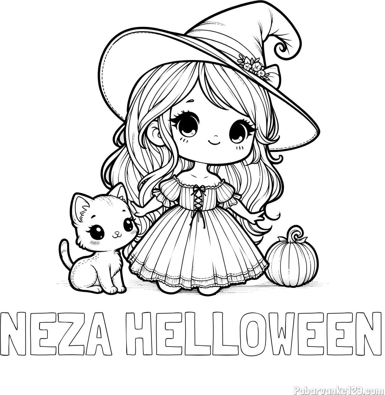 Pobarvanka imena NEŽA HELLOWEEN in pobarvanka ljubke čarovnice, muce in buče