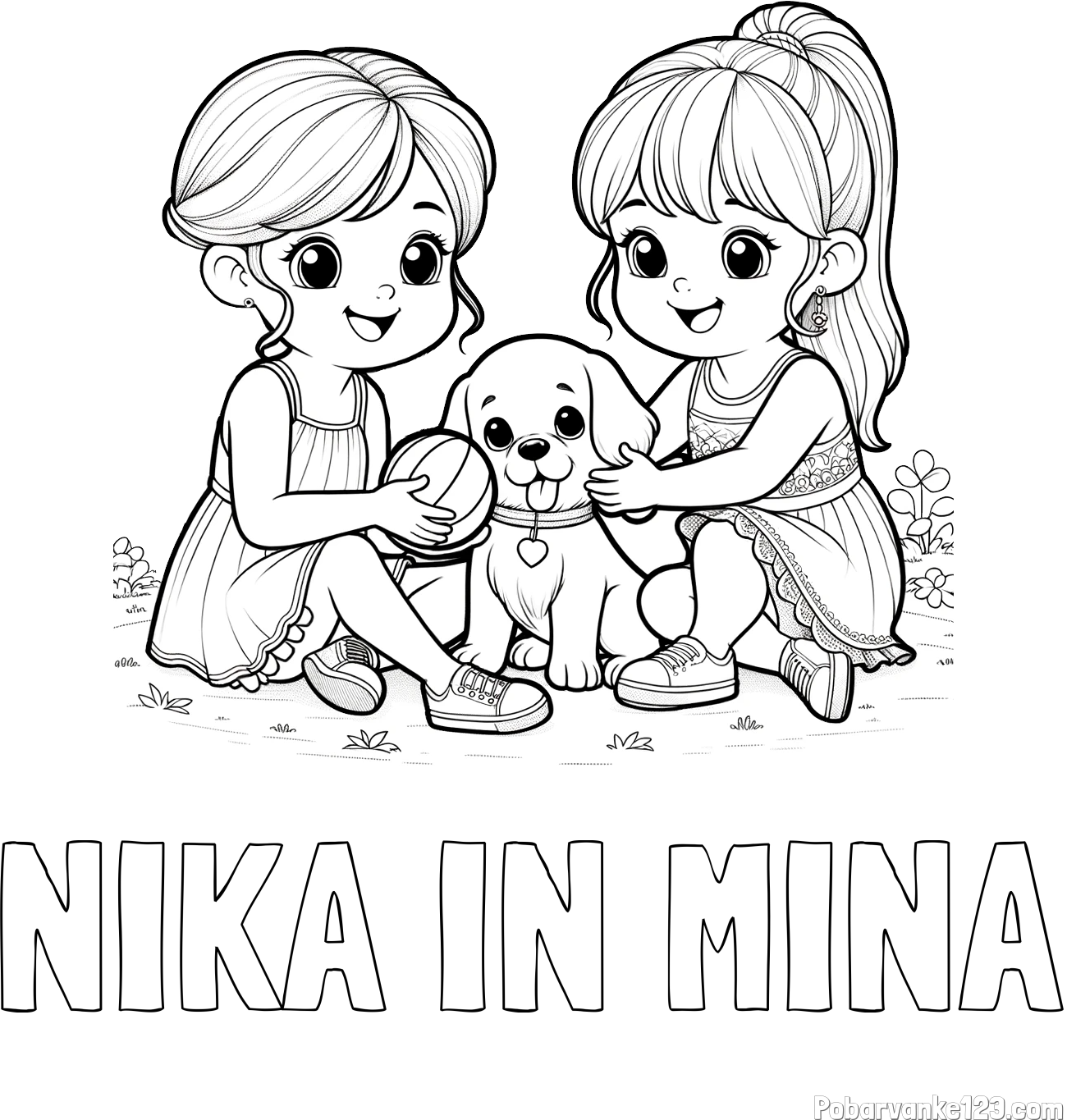 Pobarvanka imena NIKA IN MINA in pobarvanka prijateljic s kužkom
