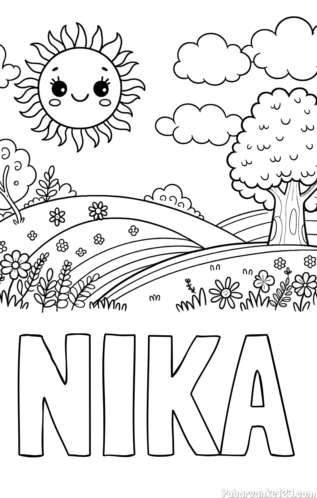 Pobarvanka imena NIKA in otroška pobarvanka narave