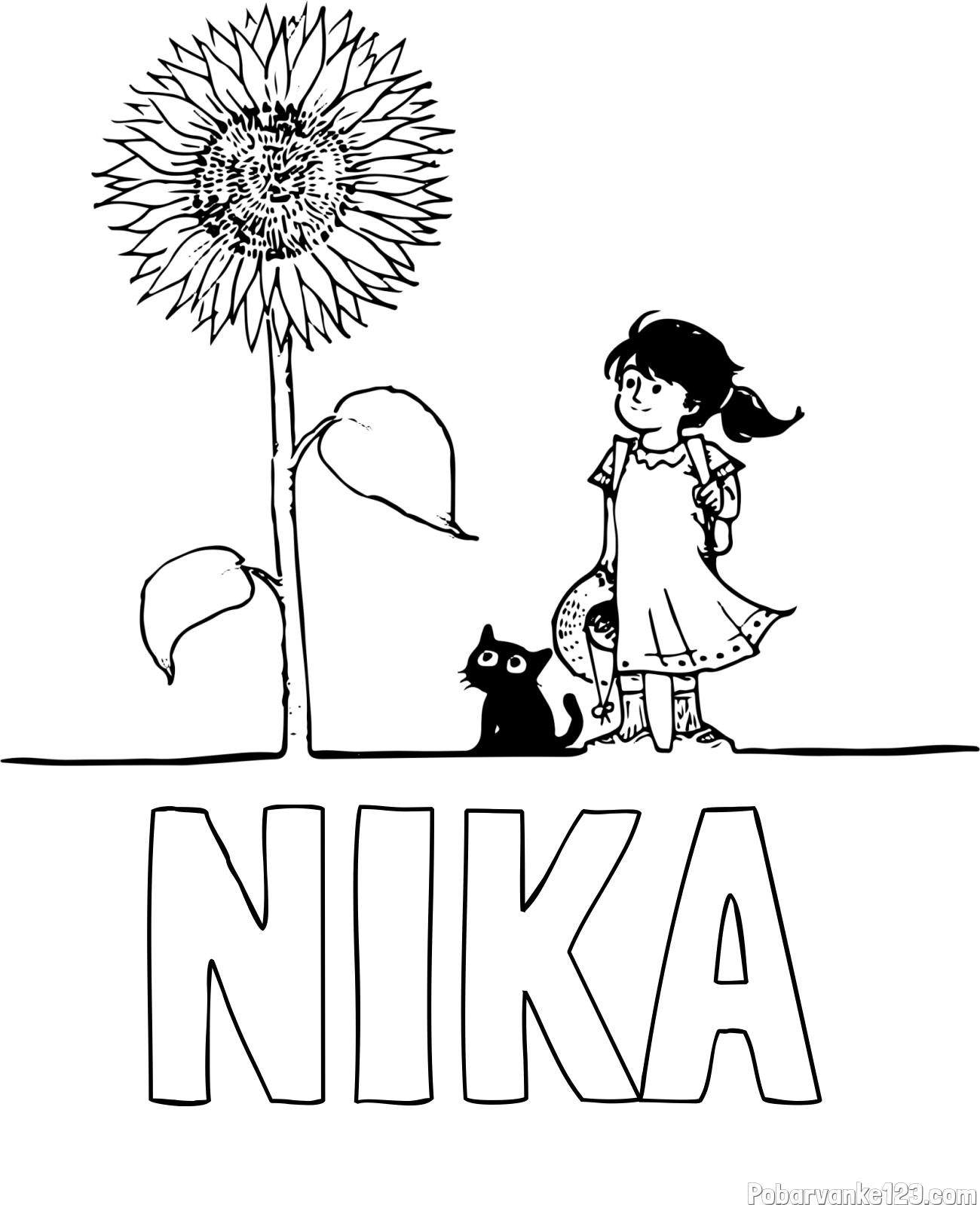 Pobarvanka imena NIKA in pobarvanka velike sončnice, deklice in ljubkega mačka