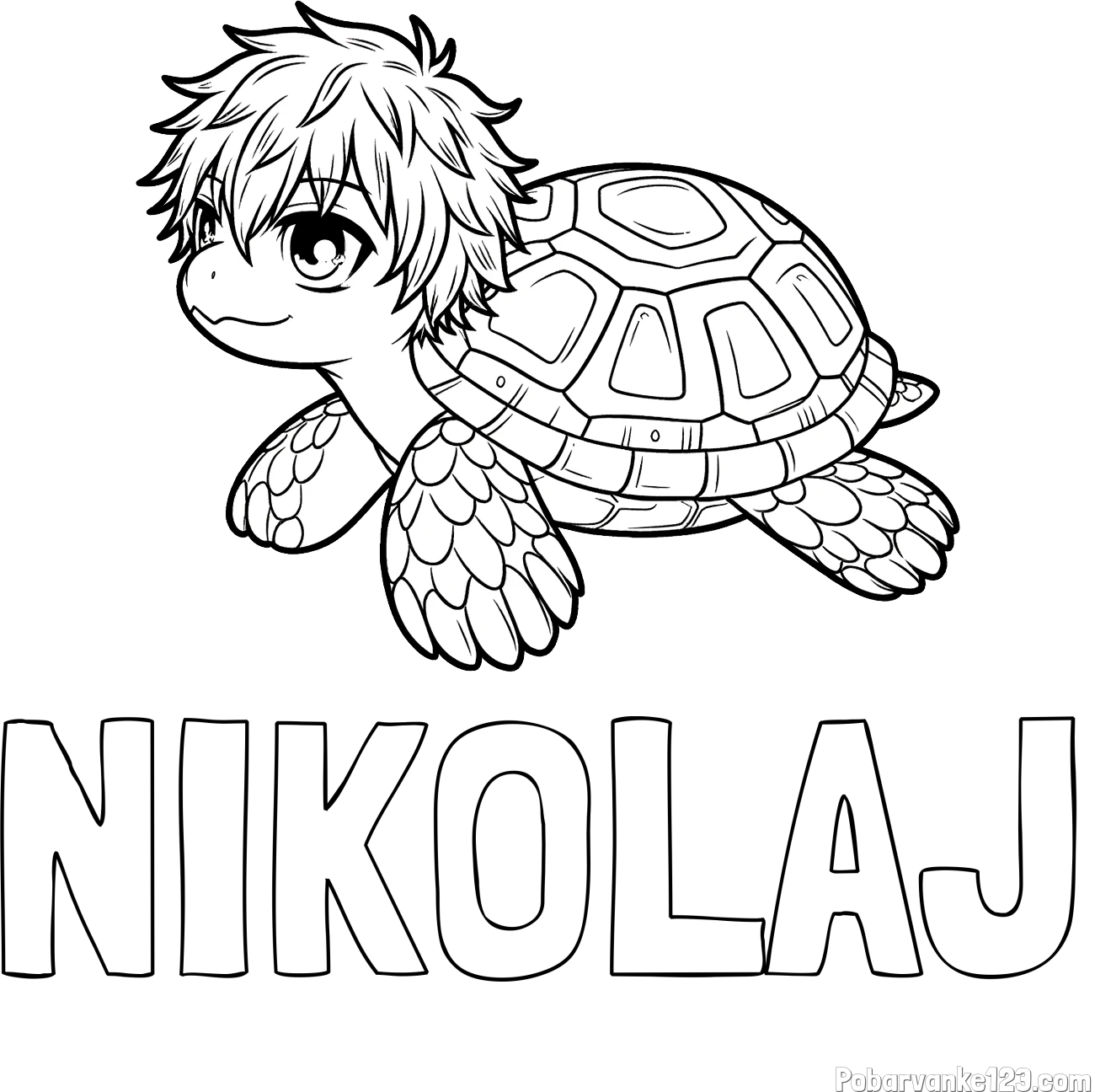 Pobarvanka imena NIKOLAJ in pobarvanka želve v stilu anime