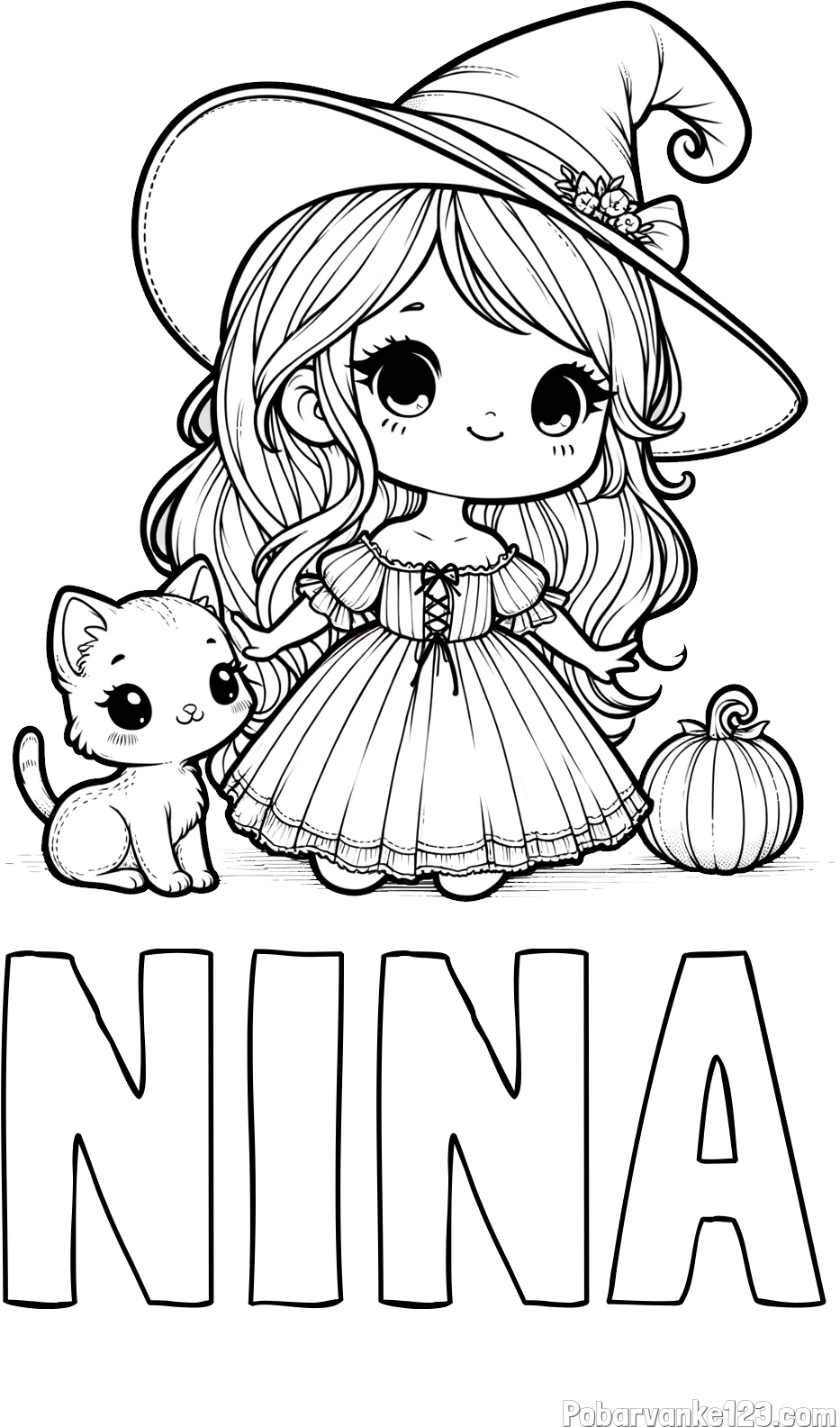 Pobarvanka imena NINA in pobarvanka ljubke čarovnice, muce in buče