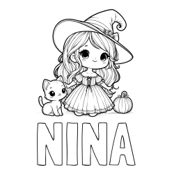 Online izdelana pobarvanka - Pobarvanka imena NINA in pobarvanka ljubke čarovnice, muce in buče
