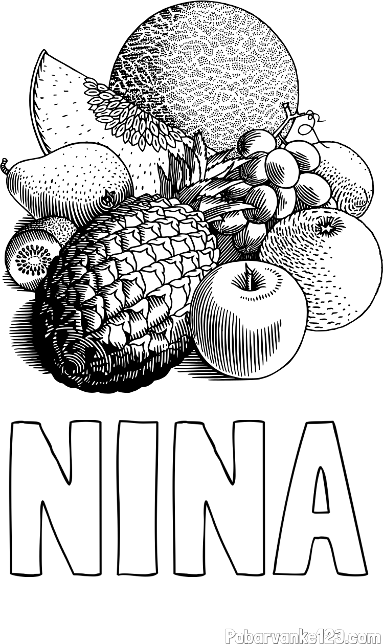 Pobarvanka imena NINA in pobarvanka sadja (ananas, melona, jabolka, kivi, grozdje, pomaranča...)