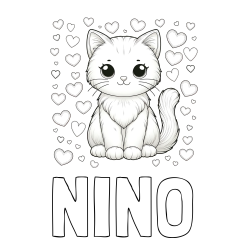 Online izdelana pobarvanka - Pobarvanka imena NINO in pobarvanka ljubke mucke obdane s srčki