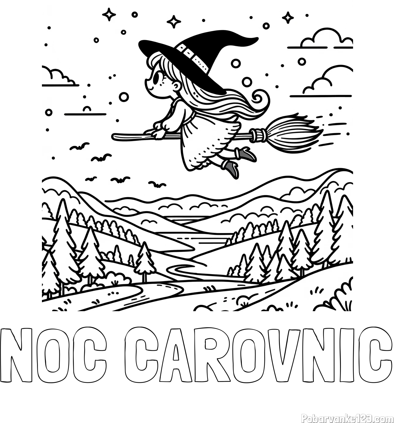 Pobarvanka imena NOČ ČAROVNIC in pobarvanka čarovnice, ki leti na metli