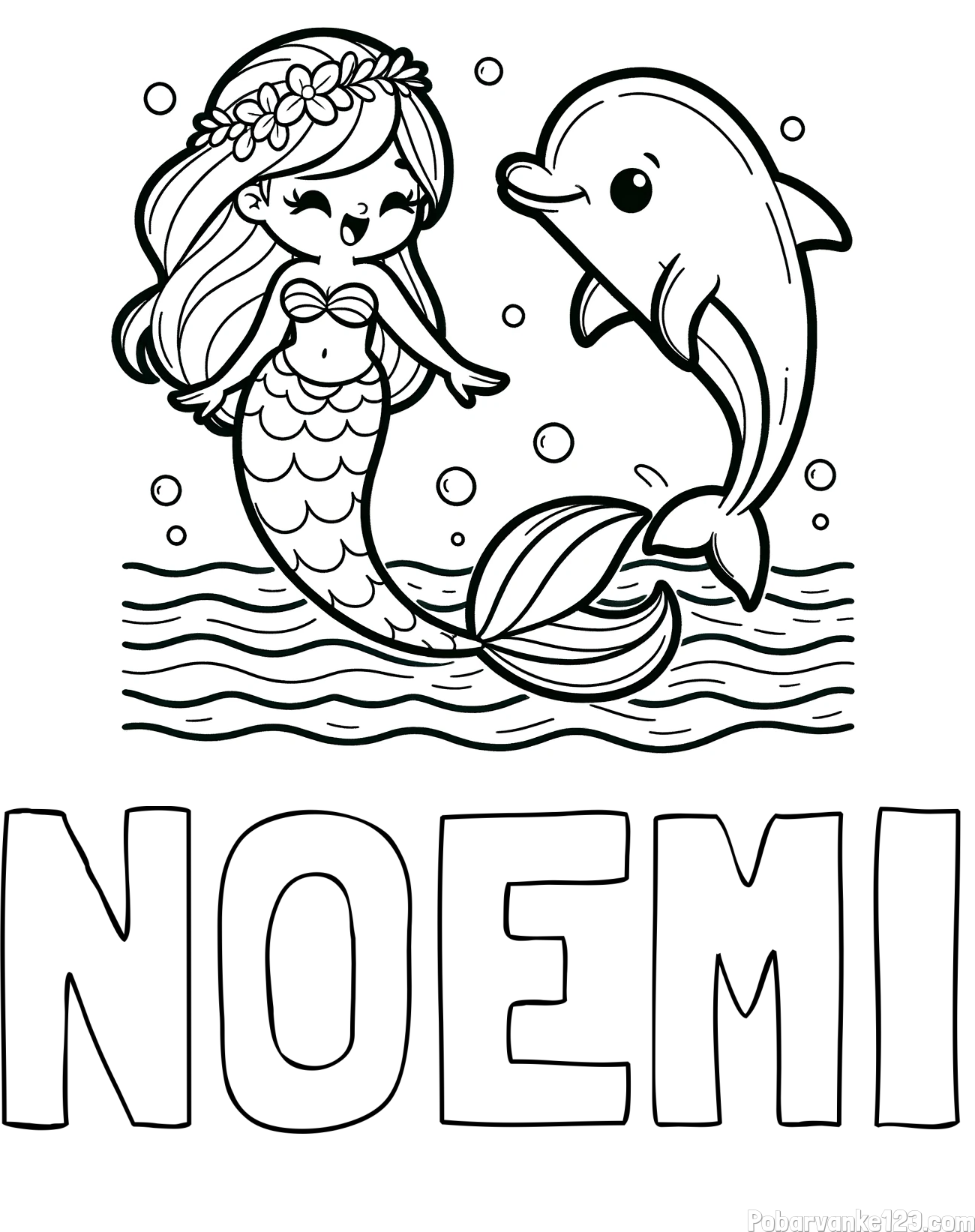 Pobarvanka imena NOEMI in pobarvanka ljubke morske deklice, ki pleše z delfinom