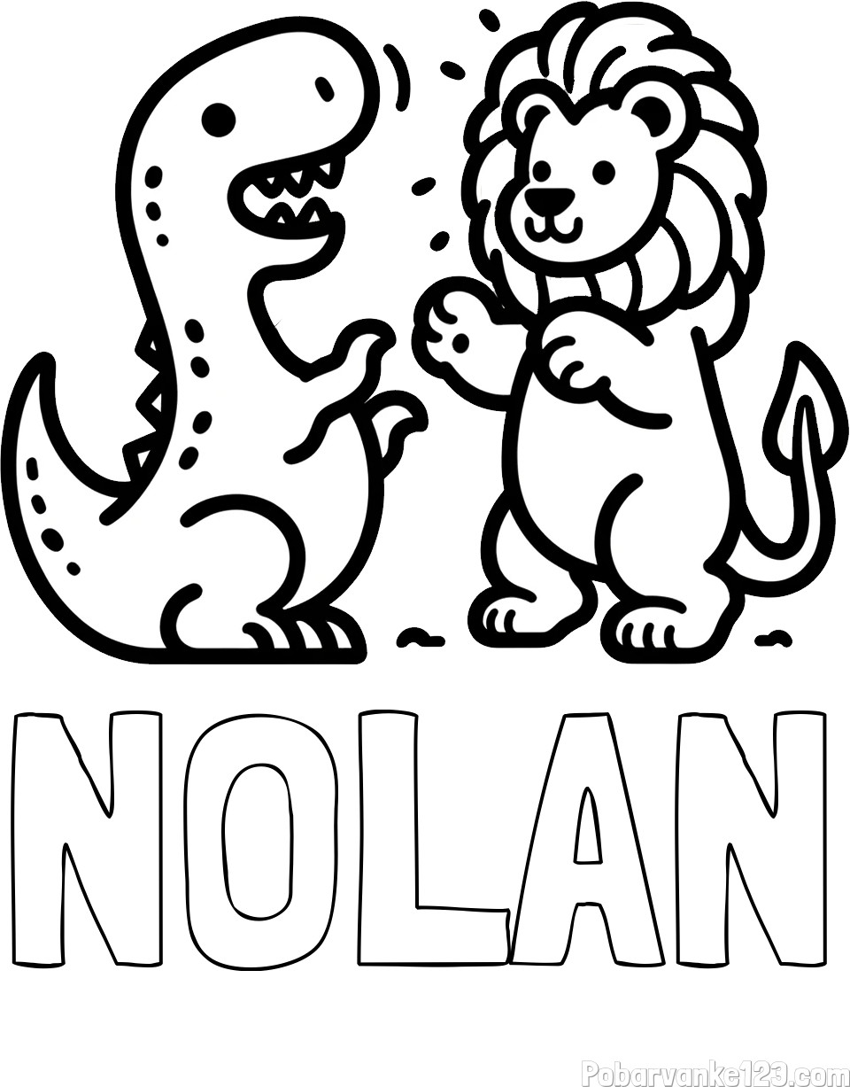 Pobarvanka imena NOLAN ter levčka in dinozavra