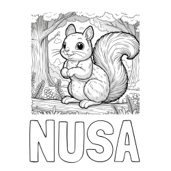Online izdelana pobarvanka - Pobarvanka imena NUŠA in pobarvanka veverice v gozdu