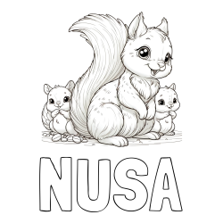 Online izdelana pobarvanka - Pobarvanka imena NUŠA in pobarvanka veveričje družine