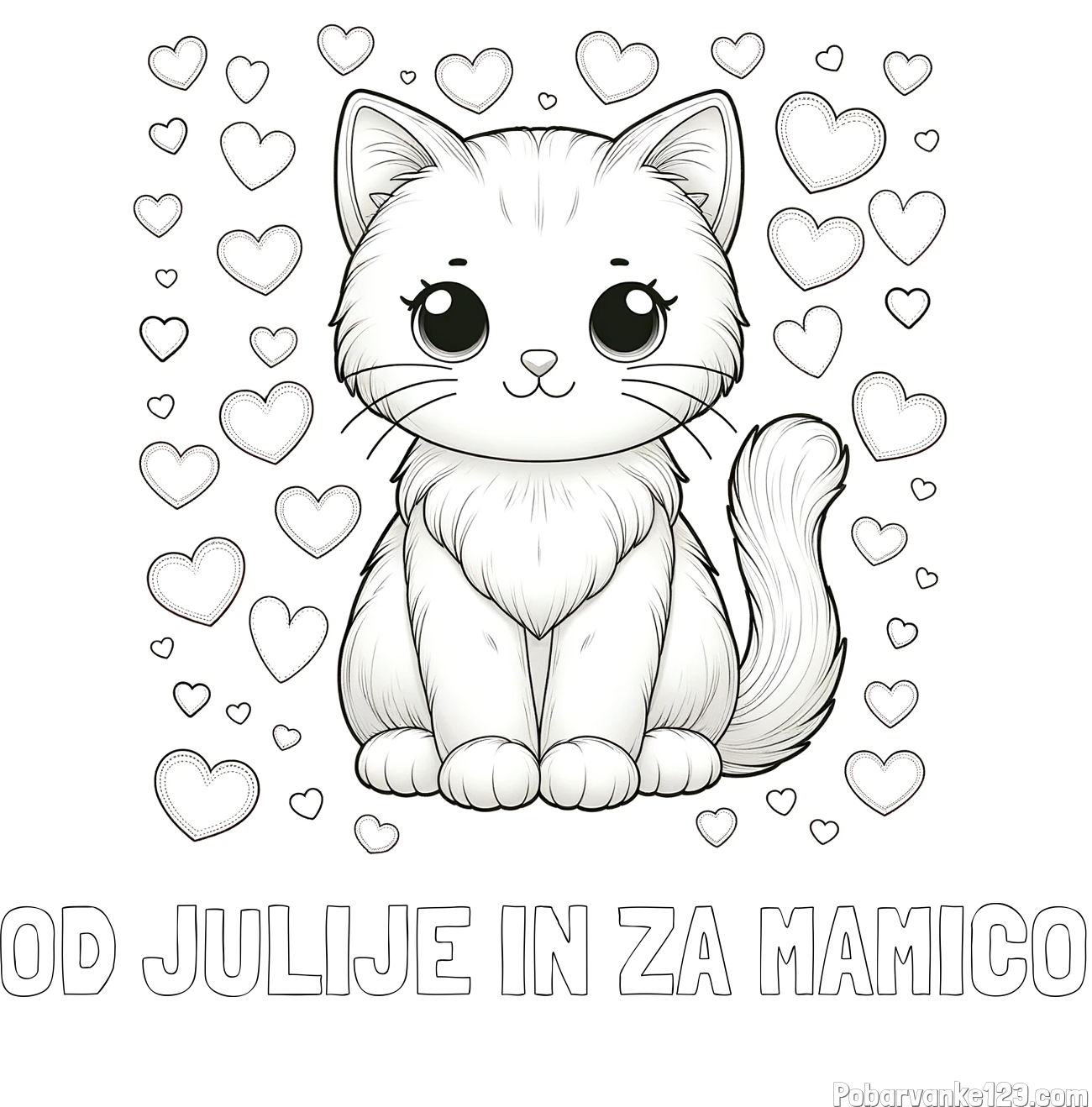 Pobarvanka imena OD JULIJE IN ZA MAMICO in pobarvanka ljubke mucke obdane s srčki