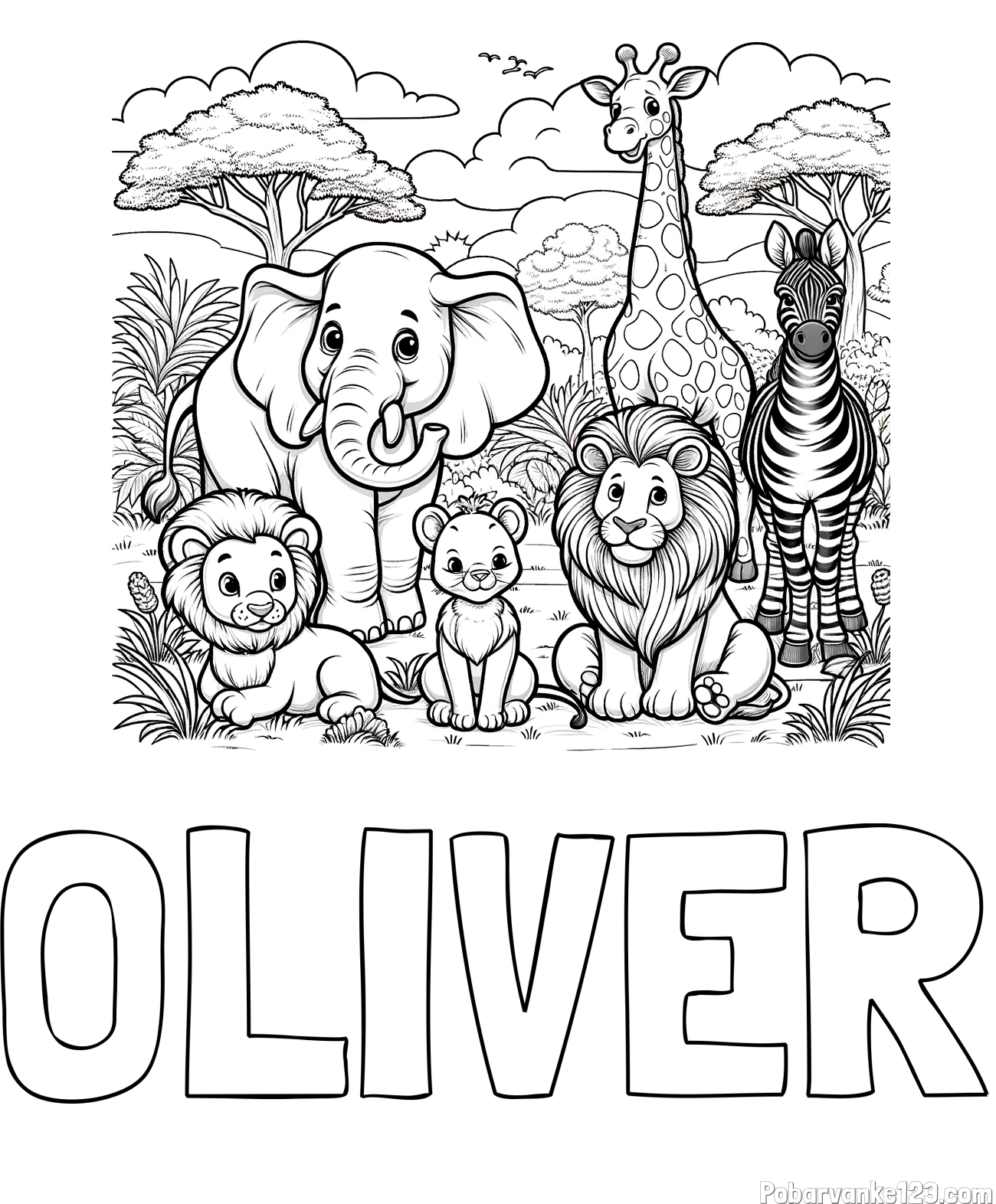 Pobarvanka imena OLIVER in pobarvanka ljubkih živali