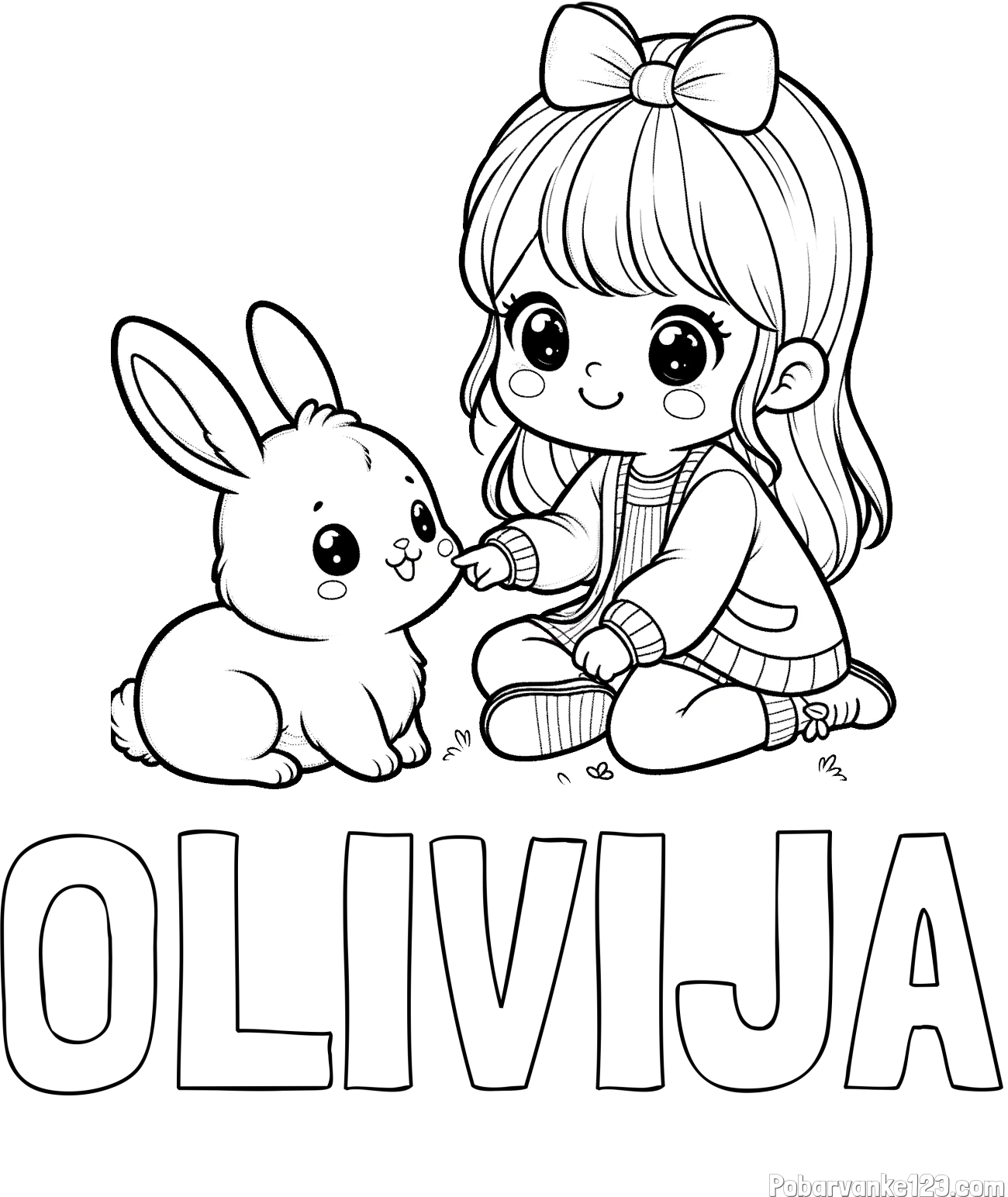 Pobarvanka imena OLIVIJA in pobarvanka ljubke punčke, ki se igra z zajčkom