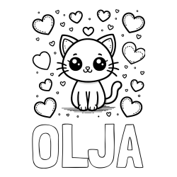 Online izdelana pobarvanka - Pobarvanka imena OLJA in pobarvanka ljubke mucke obdane z veliko srčki