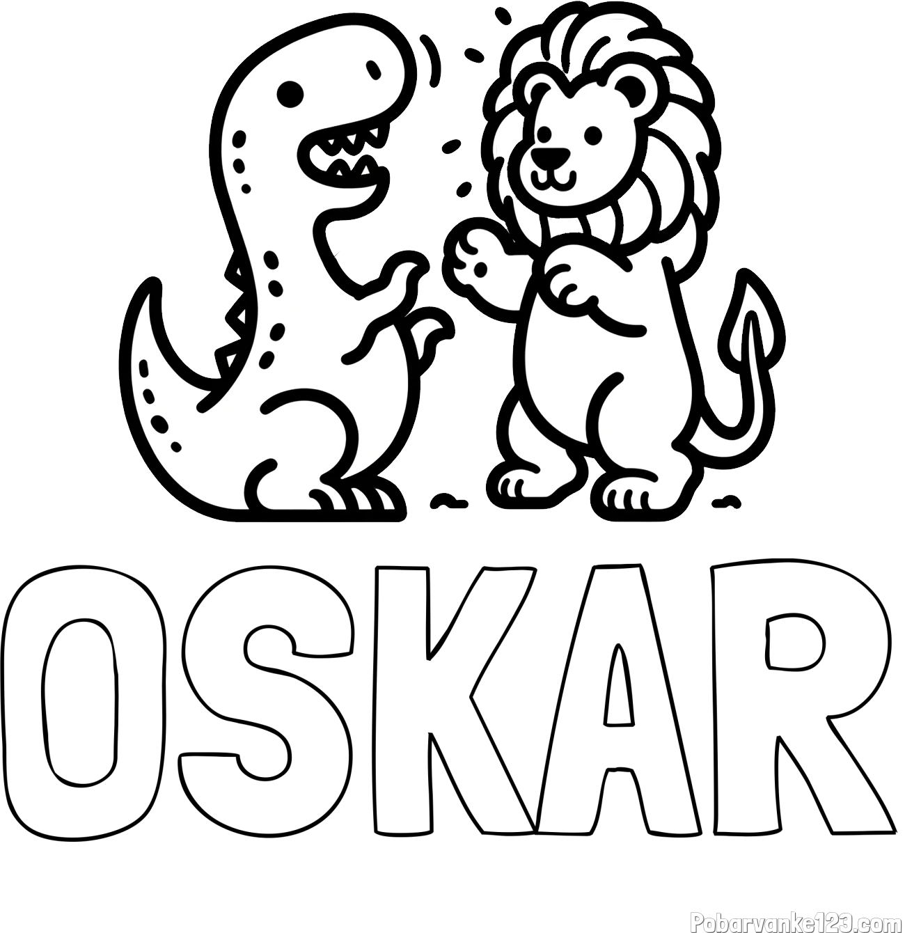 Pobarvanka imena OSKAR in pobarvanka dinozavra, ki napada leva