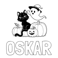 Online izdelana pobarvanka - Pobarvanka imena OSKAR in pobarvanka prijaznega duhca, črne mačke ter buč za noč čarovnic