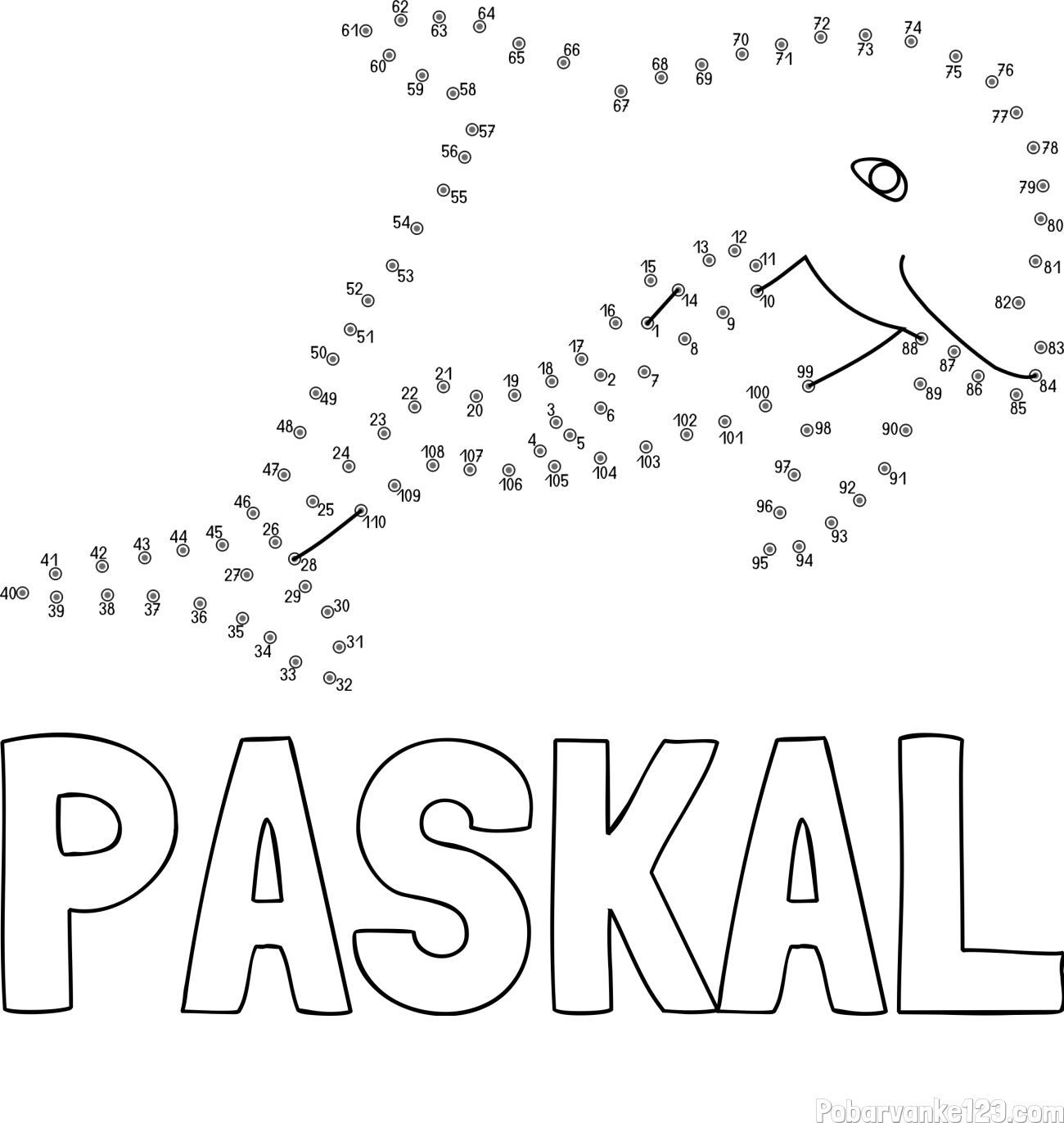 Pobarvanka imena PASKAL in pobarvanka delfina - poveži številke