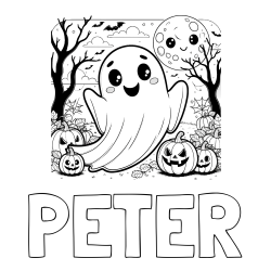 Online izdelana pobarvanka - Pobarvanka imena PETER in pobarvanka ljubkega duhca in buč za noč čarovnic