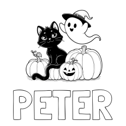 Online izdelana pobarvanka - Pobarvanka imena PETER in pobarvanka prijaznega duhca, črne mačke ter buč za noč čarovnic