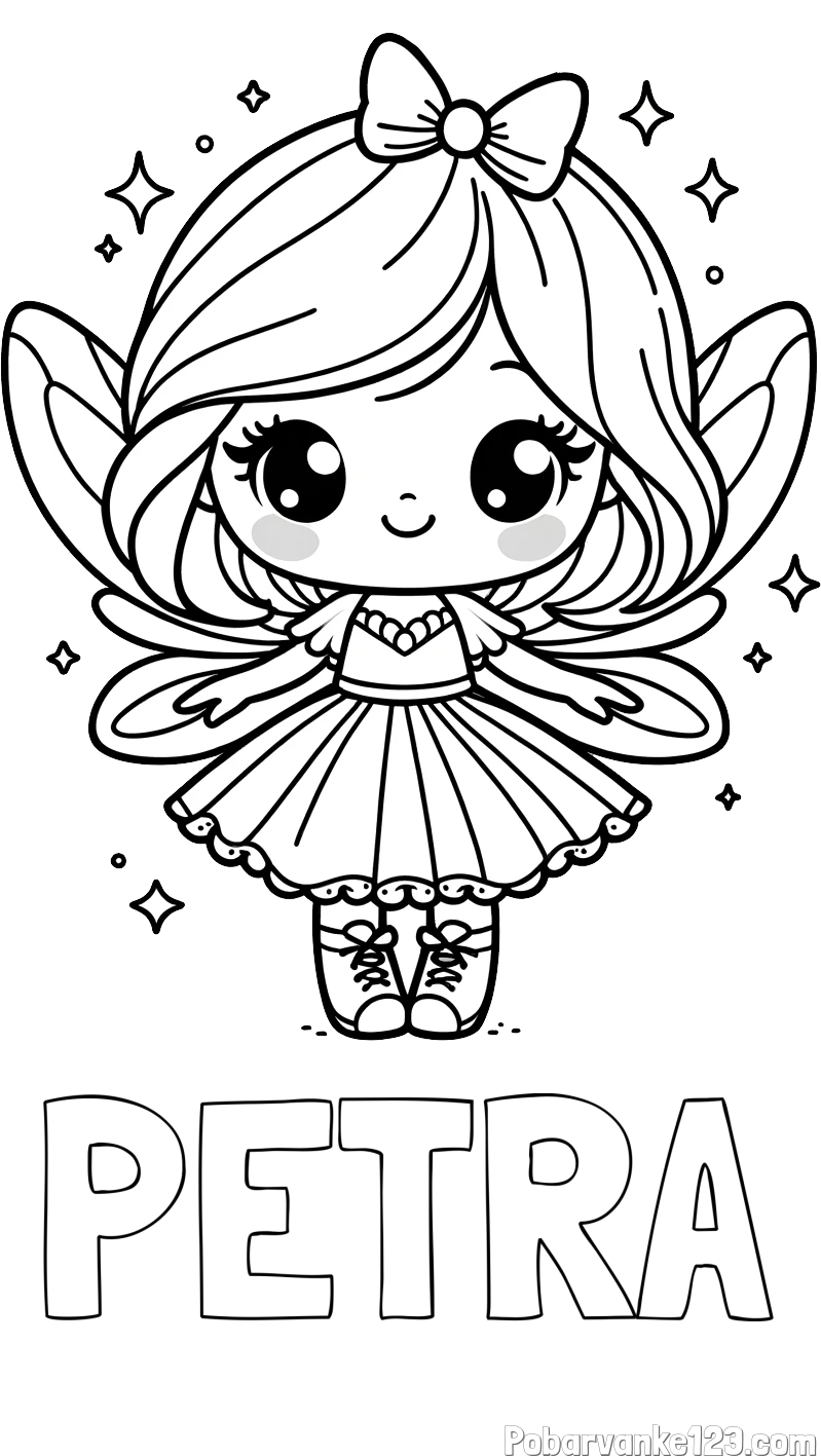Pobarvanka imena PETRA in pobarvanka čarobne vile z ljubkim obrazom