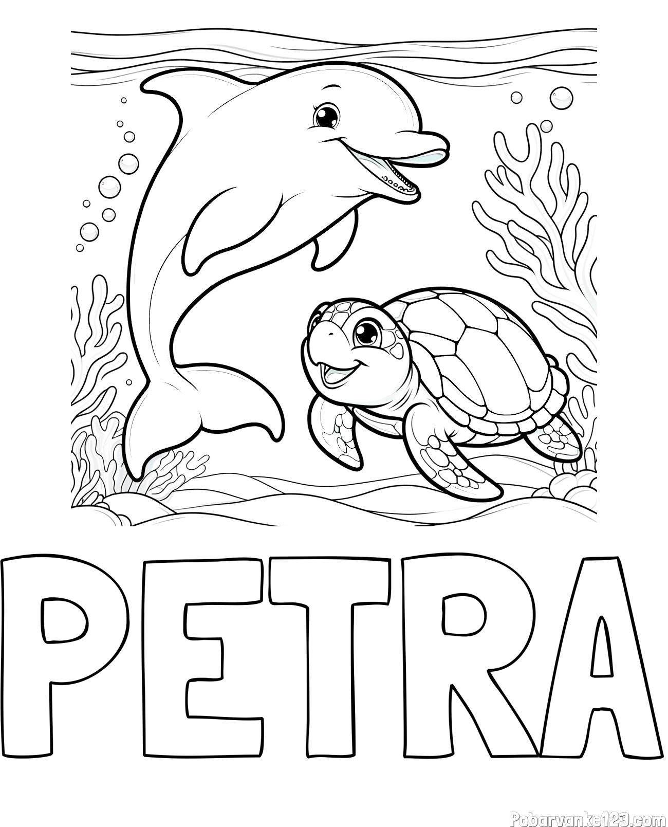 Pobarvanka imena PETRA in pobarvanka ljubkega delfina z želvo v morju