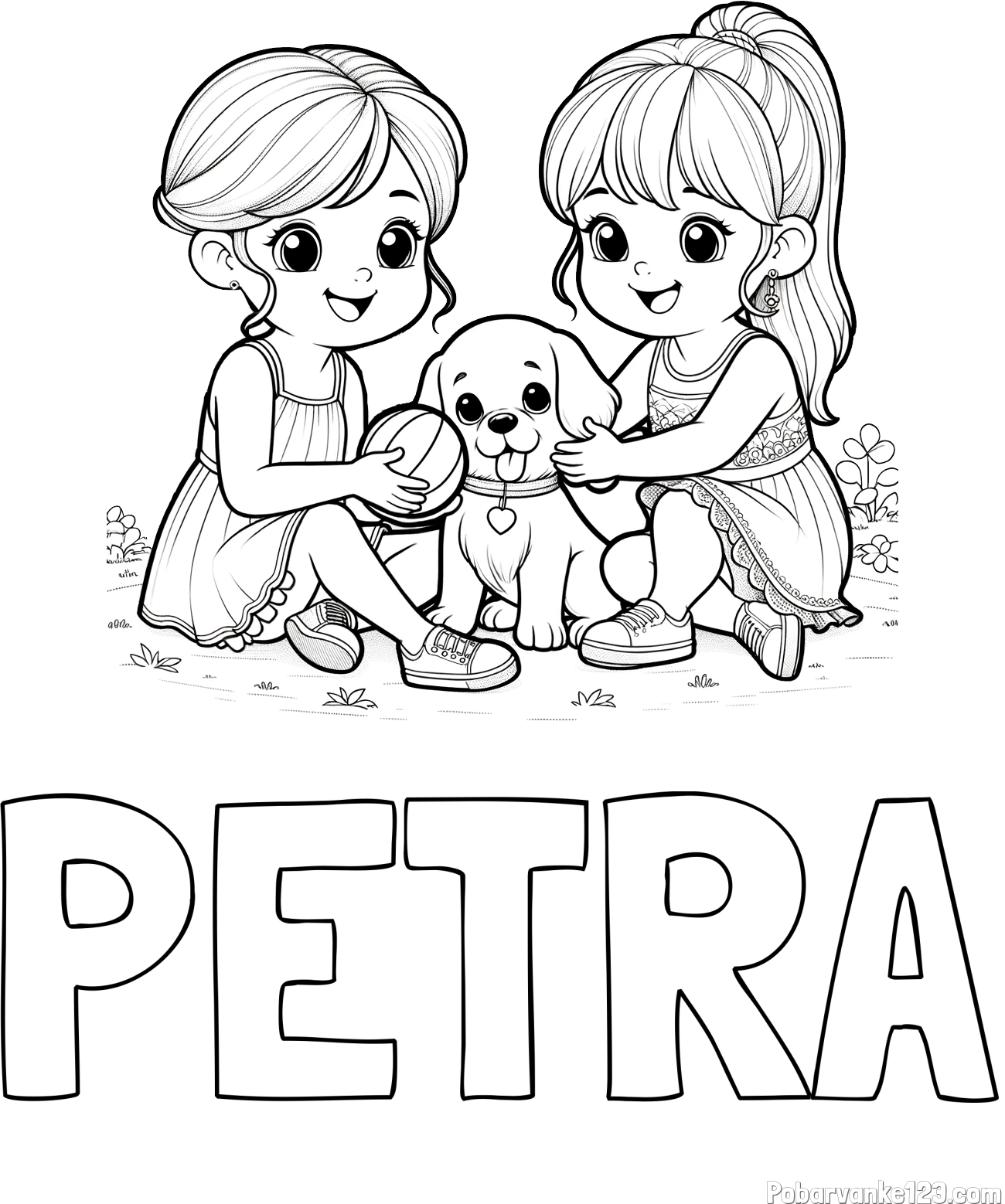 Pobarvanka imena PETRA in pobarvanka prijateljic s kužkom