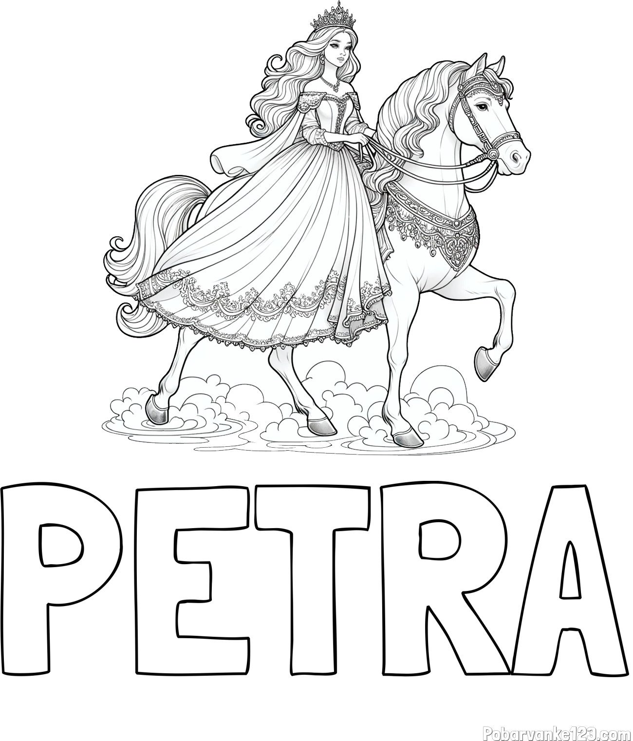 Pobarvanka imena PETRA in pobarvanka princese na konju