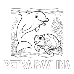 Online izdelana pobarvanka - Pobarvanka imena PETRA PAVLINA in pobarvanka ljubkega delfina z želvo v morju