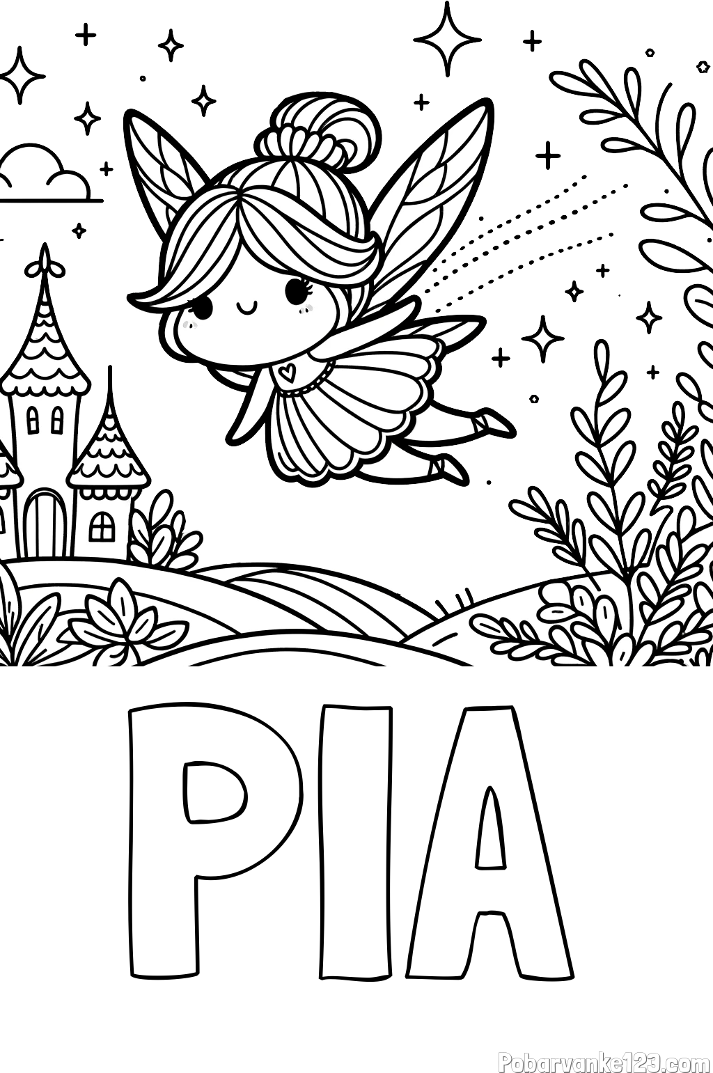 Pobarvanka imena PIA in pobarvanka čarobne vile, ki leti nad pravljično pokrajino