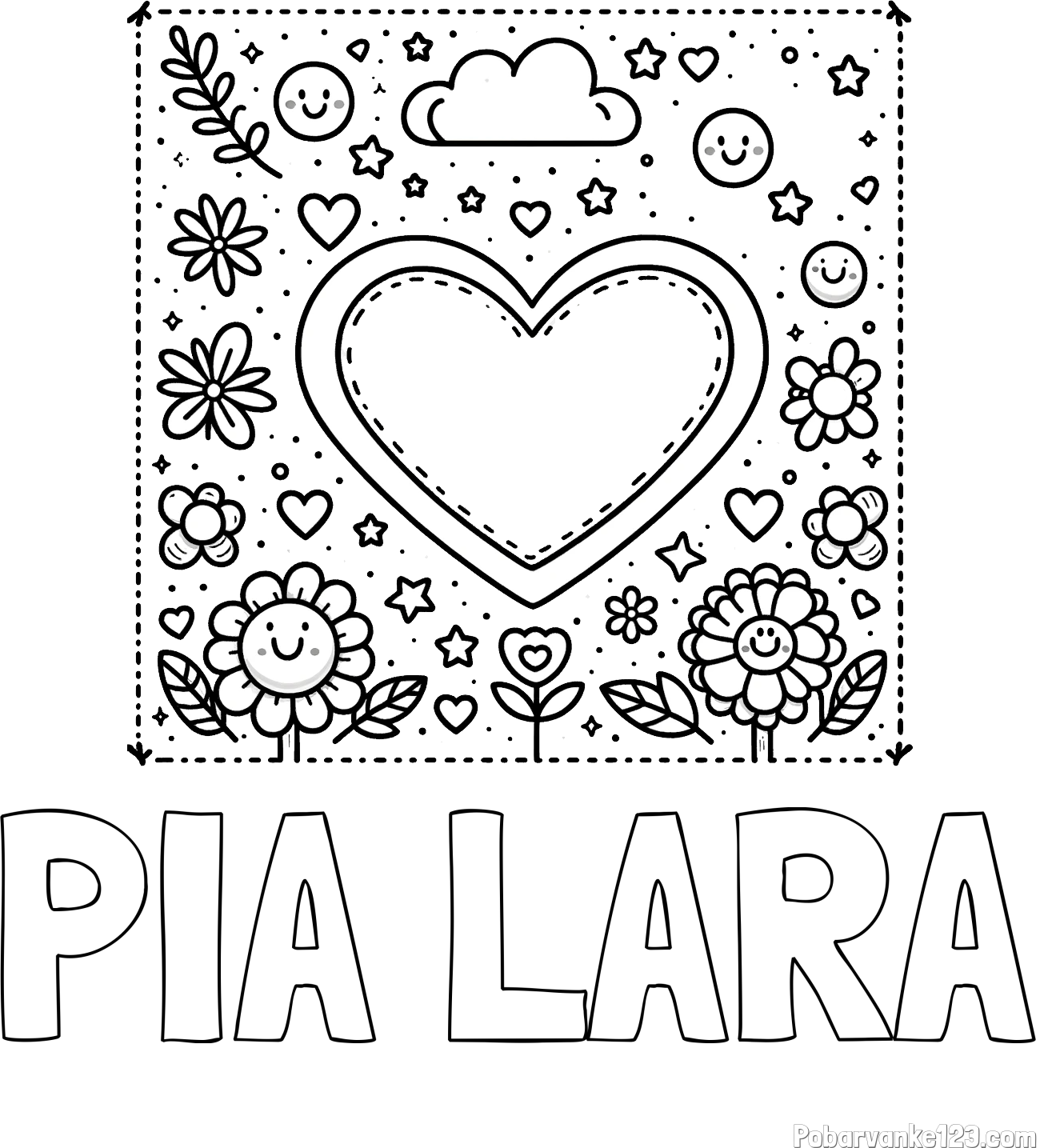 Pobarvanka imena PIA LARA in pobarvanka srčka ter rožic