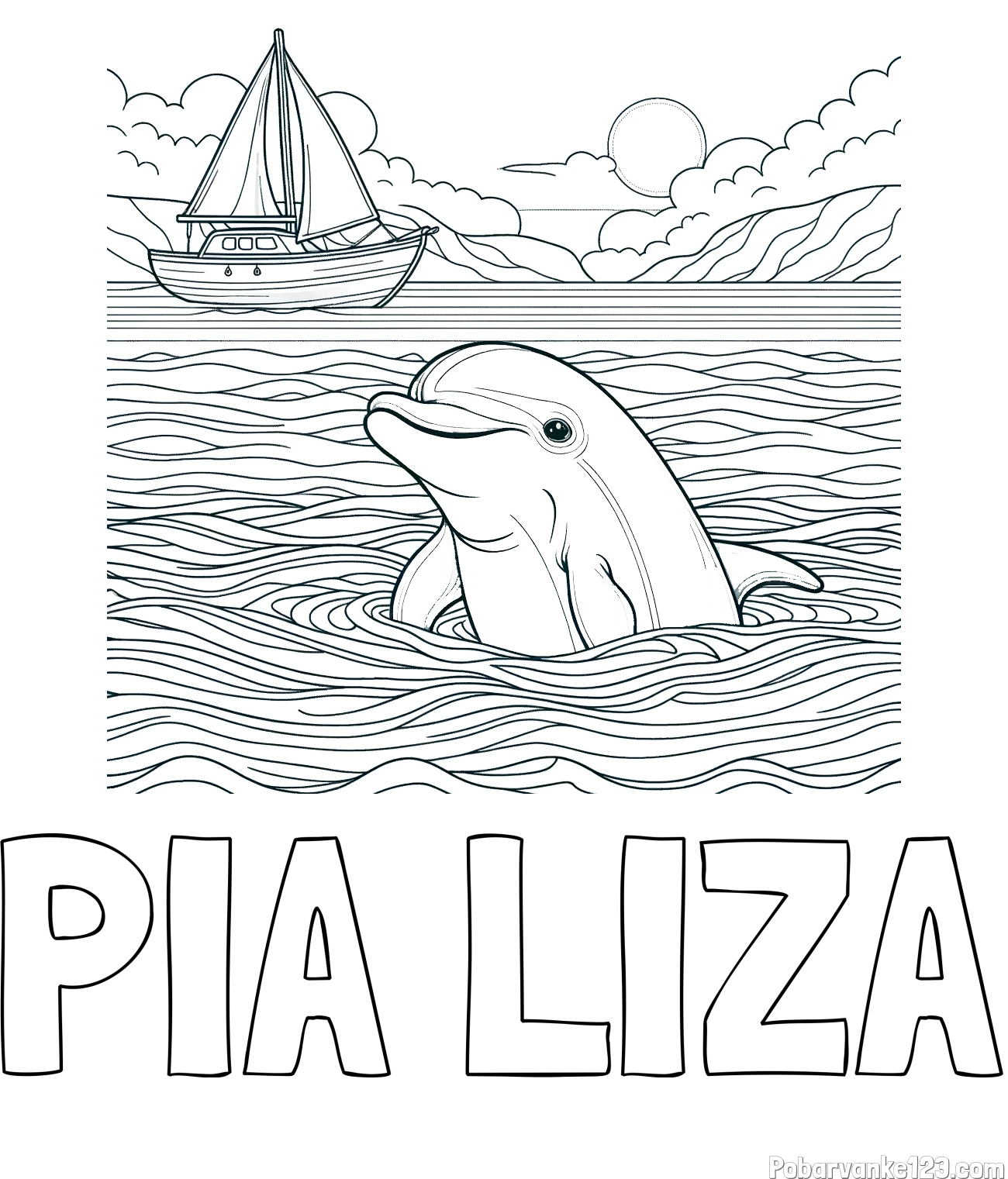 Pobarvanka imena PIA LIZA in pobarvanka delfina v morju ter jadrnice