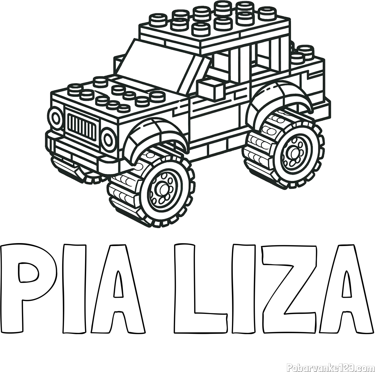 Pobarvanka imena PIA LIZA in pobarvanka džipa sestavljenega iz LEGO kock