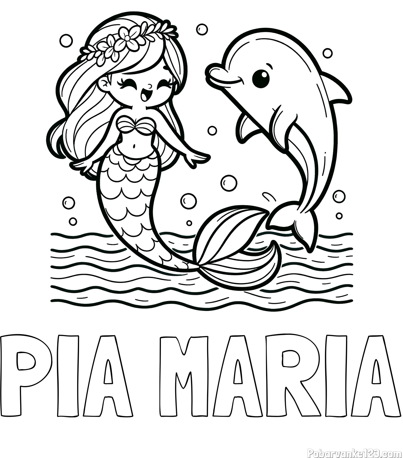 Pobarvanka imena PIA MARIA in pobarvanka ljubke morske deklice, ki pleše z delfinom