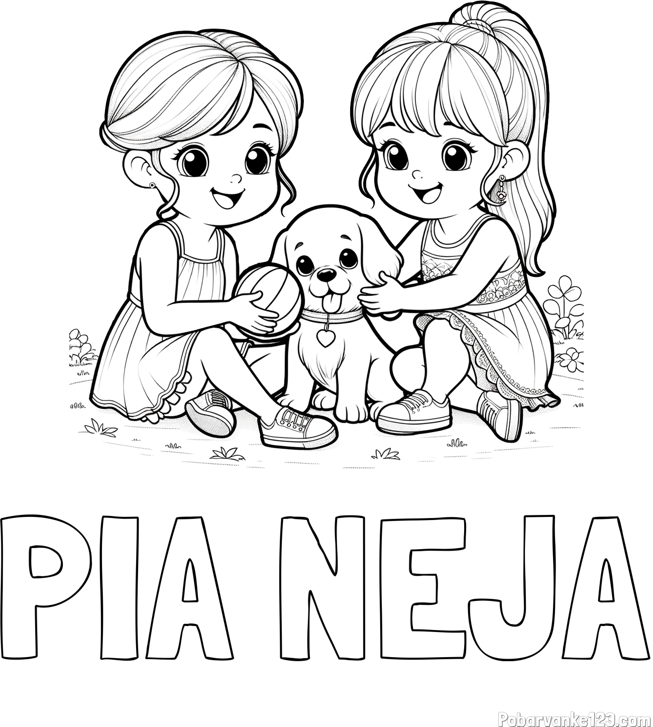 Pobarvanka imena PIA NEJA in pobarvanka prijateljic s kužkom