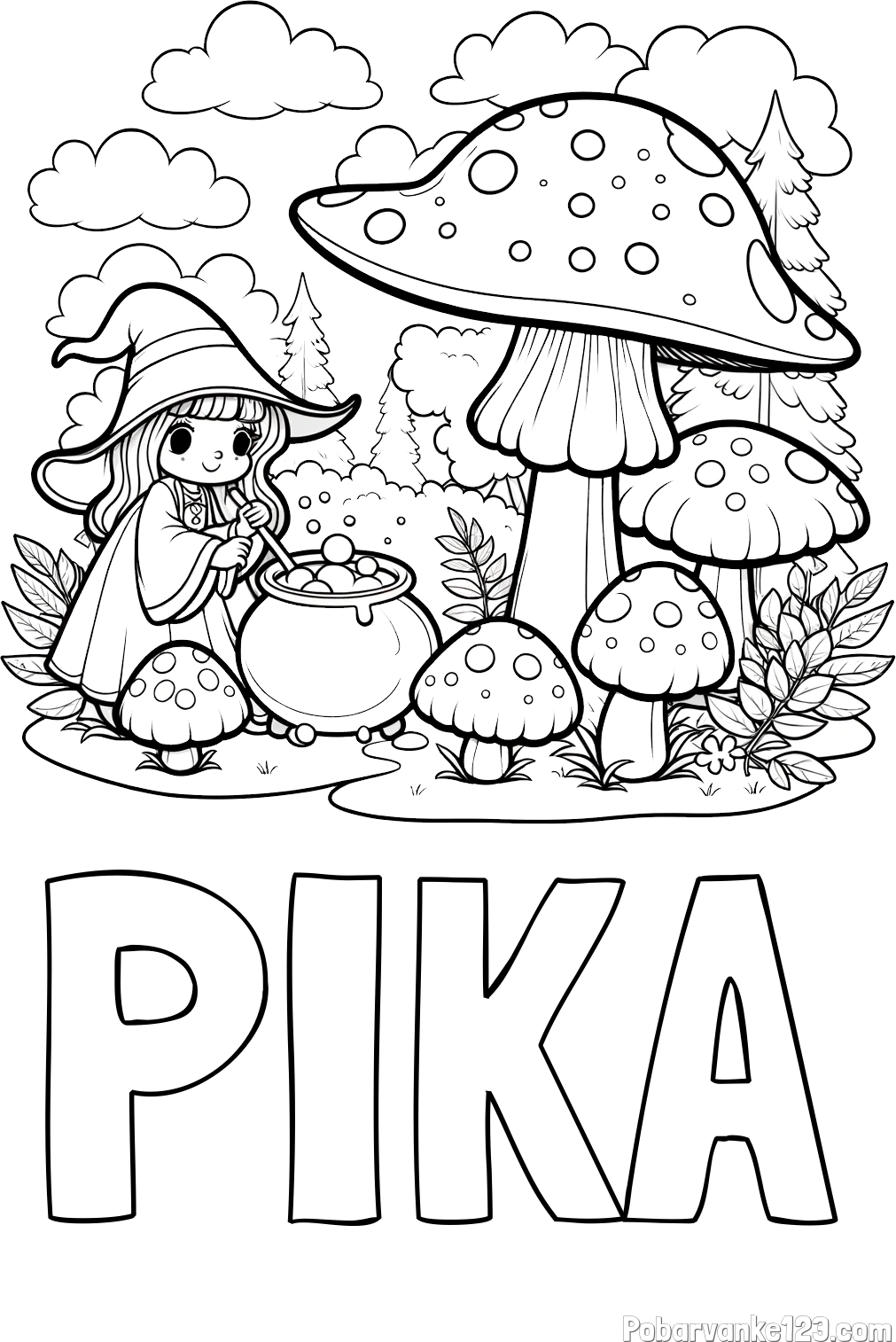 Pobarvanka imena PIKA in pobarvanka čarovnice med gobami