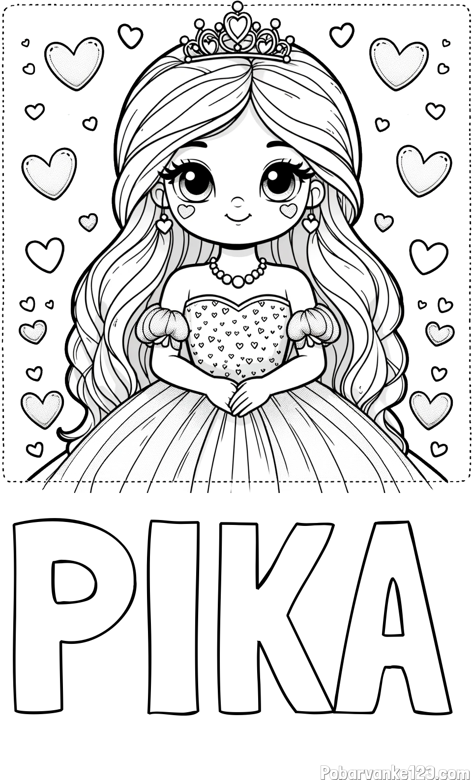 Pobarvanka imena PIKA in pobarvanka ljubke princese obdane s srčki