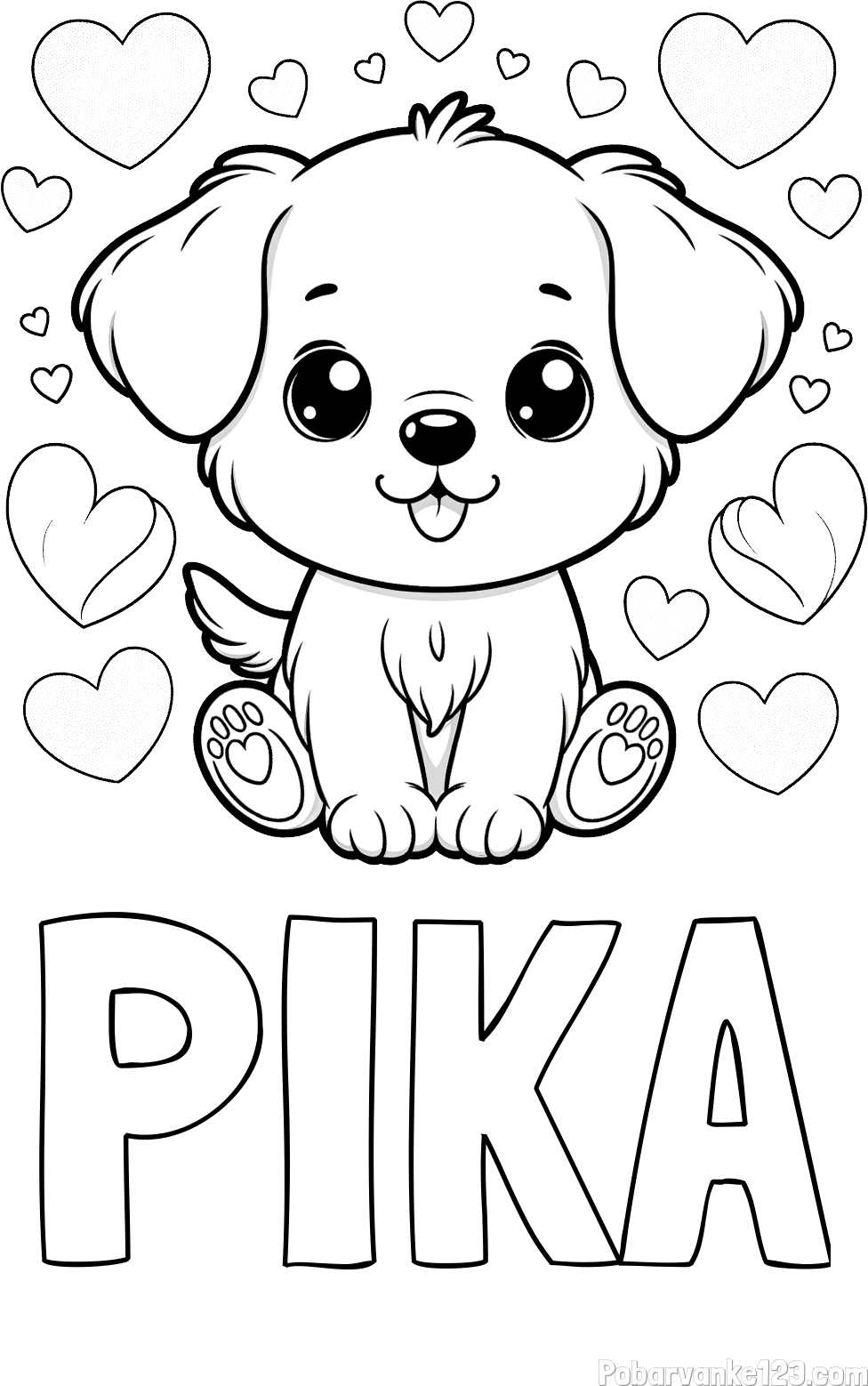 Pobarvanka imena PIKA in pobarvanka ljubkega kužka obdanega s srčki