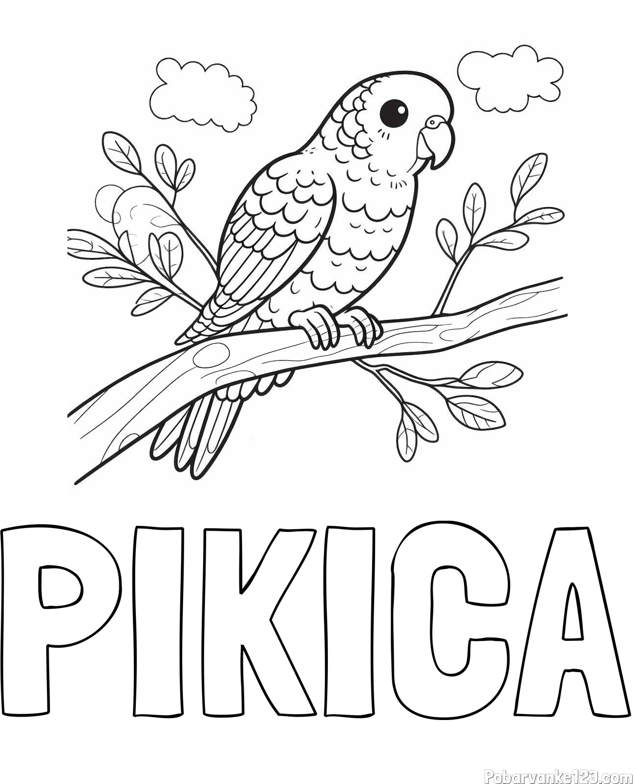 Pobarvanka imena PIKICA in pobarvanka ljubkega kanarčka na veji