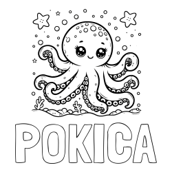 Online izdelana pobarvanka - Pobarvanka imena POKICA in pobarvanka hobotnice v morju obdane z morskimi zvezdami