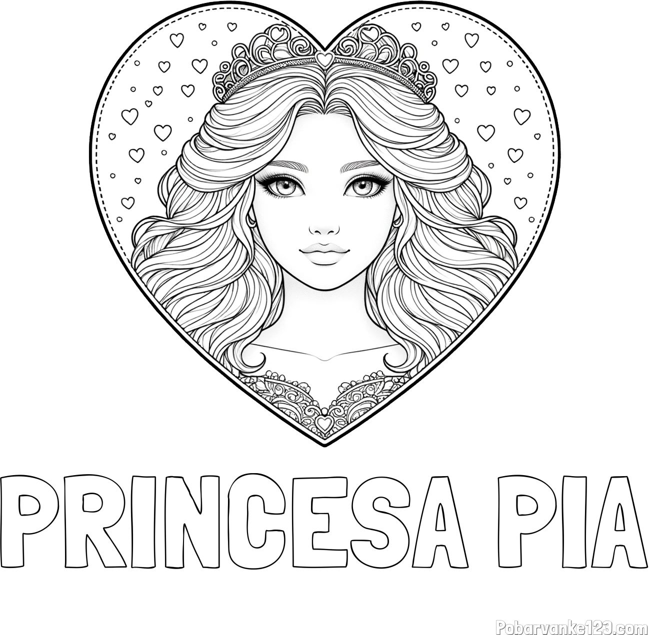 Pobarvanka imena PRINCESA PIA in pobarvanka ljubke princese v srčku