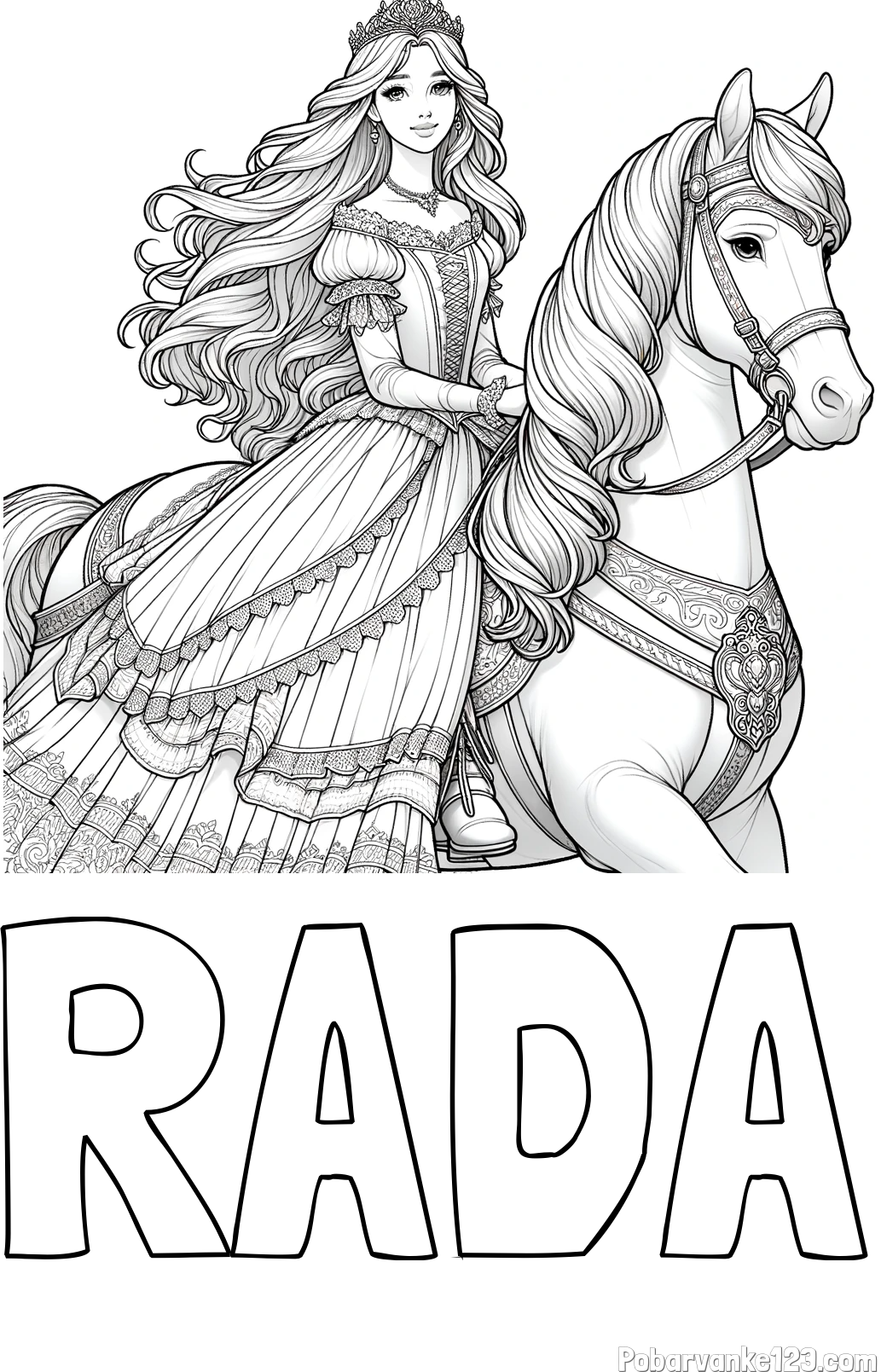 Pobarvanka imena RADA in pobarvanka nasmejana princese na konju