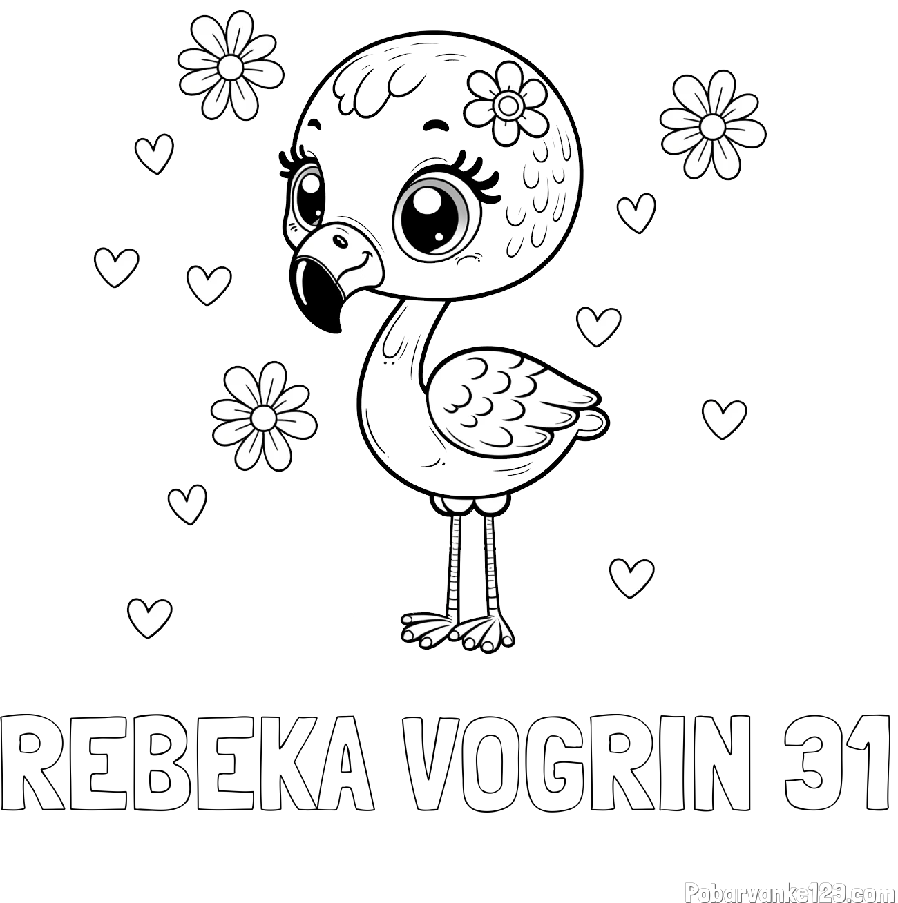 Pobarvanka imena REBEKA VOGRIN 31 in pobarvanka mladička flaminga z rožicami in srčki