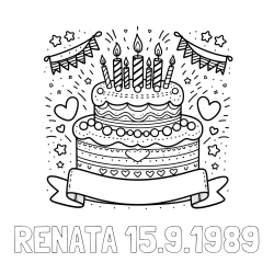 Online izdelana pobarvanka - Pobarvanka imena RENATA 15.9.1989 in pobarvanka velike torte za rojstni dan