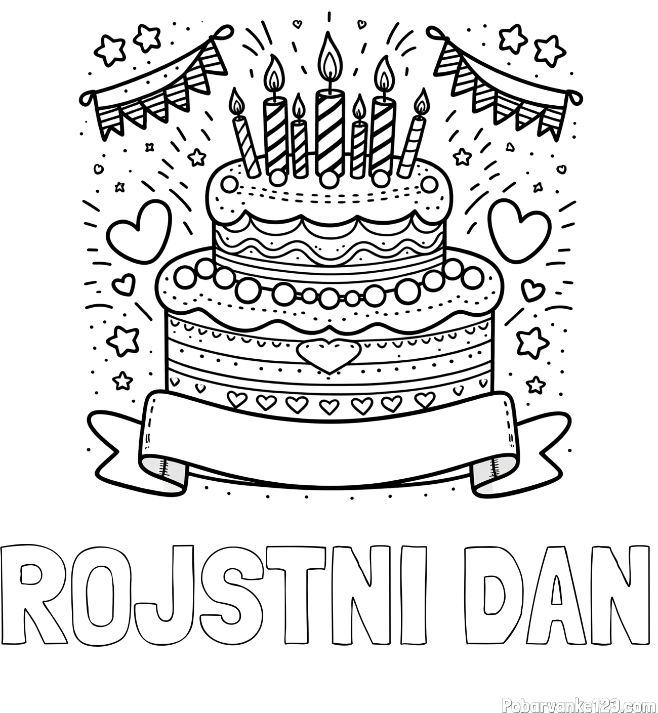 Pobarvanka imena ROJSTNI DAN in pobarvanka velike torte za rojstni dan