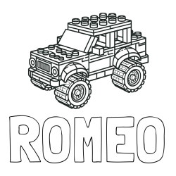 Online izdelana pobarvanka - Pobarvanka imena ROMEO in pobarvanka džipa sestavljenega iz LEGO kock