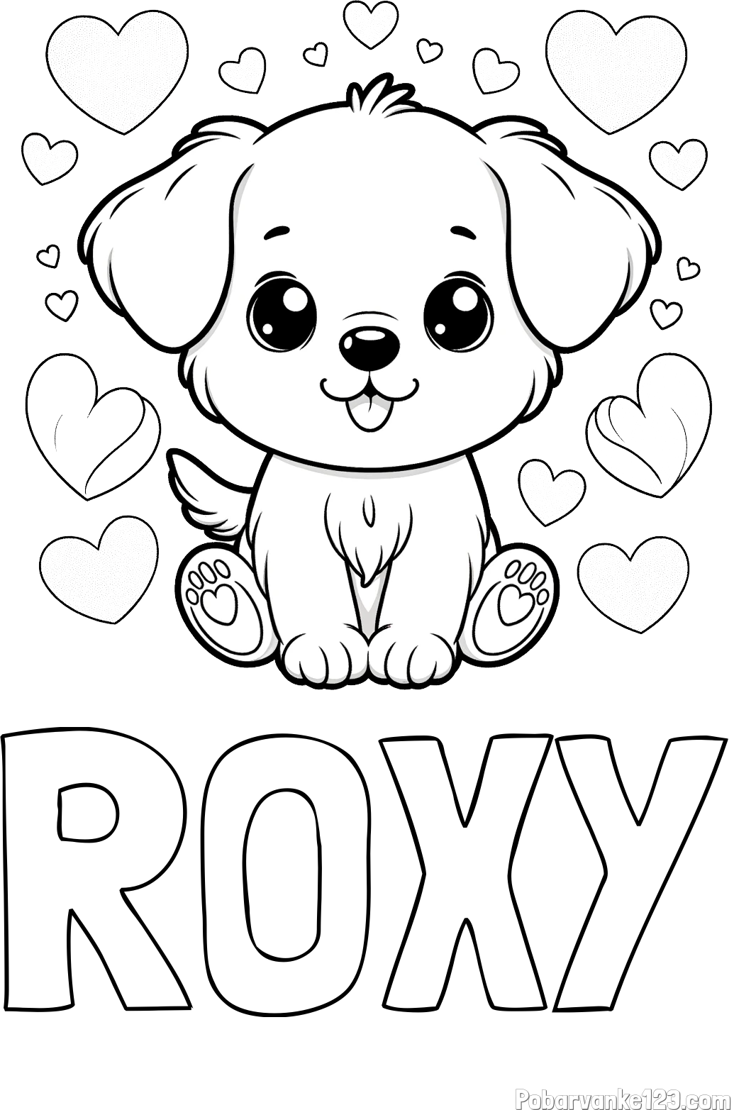 Pobarvanka imena ROXY in pobarvanka ljubkega kužka obdanega s srčki