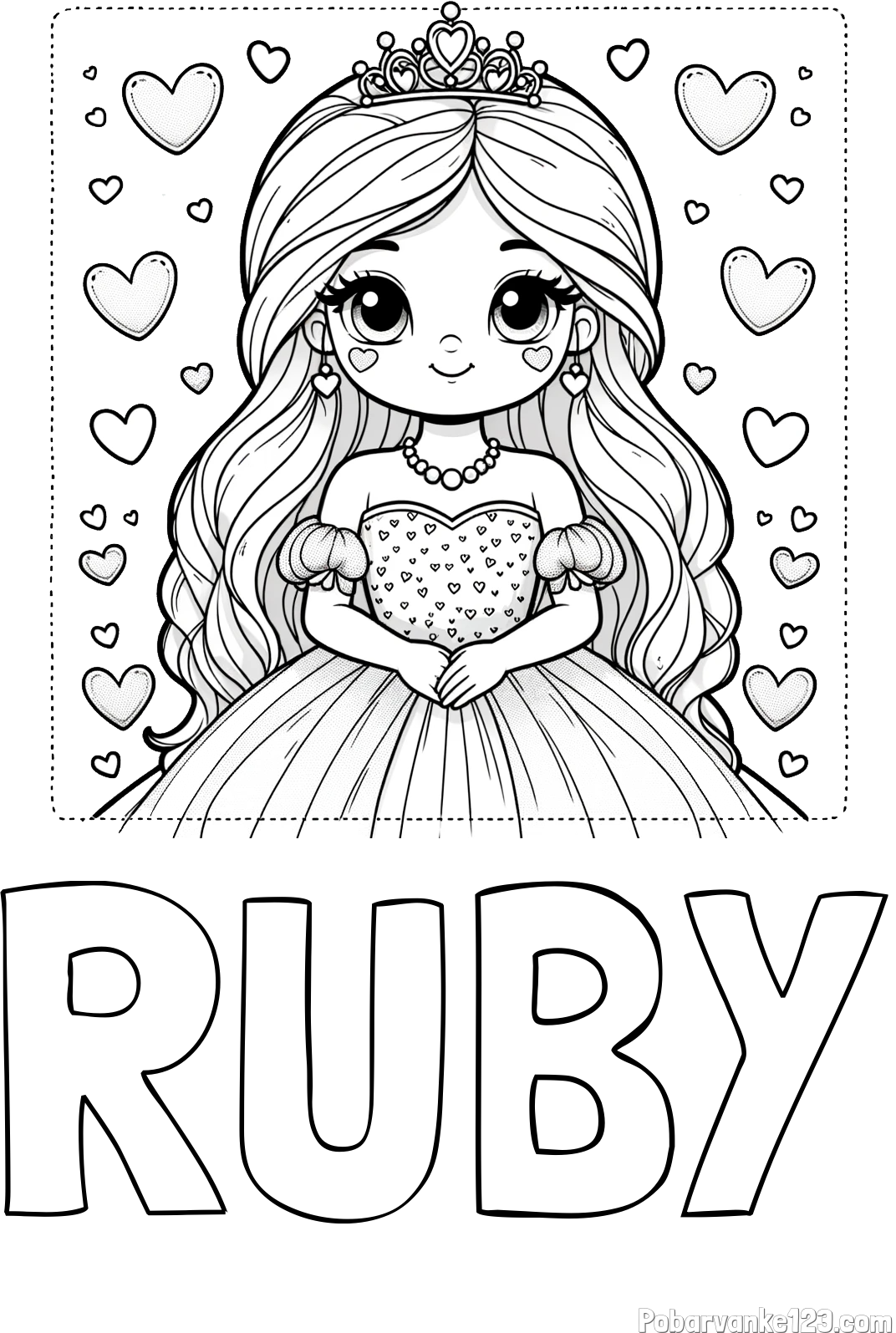 Pobarvanka imena RUBY in pobarvanka ljubke princese obdane s srčki