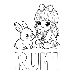 Pobarvanka imena RUMI in pobarvanka ljubke punčke, ki se igra z zajčkom