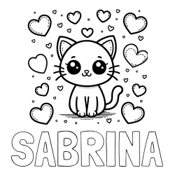 Online izdelana pobarvanka - Pobarvanka imena SABRINA in pobarvanka ljubke mucke obdane z veliko srčki