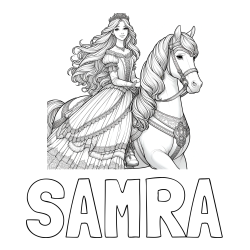 Online izdelana pobarvanka - Pobarvanka imena SAMRA in pobarvanka nasmejana princese na konju